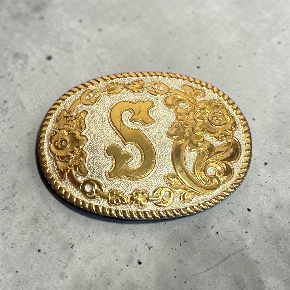 Crumrine Belt Buckle Silver Plate Jewelers Bronze Initial S Floral Western Oval